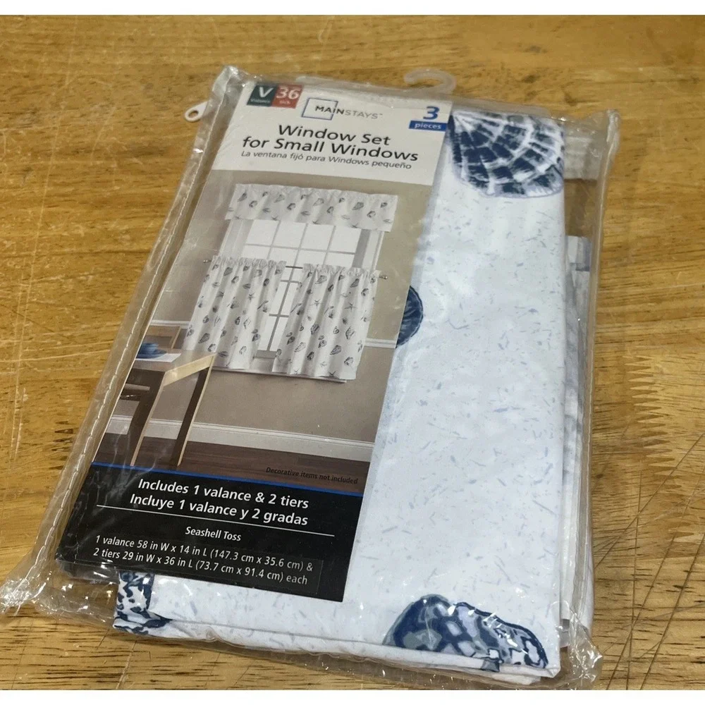 Vtg Mainstays Seashell Toss Window Set 3‎ Piece Blue Nautical Beach